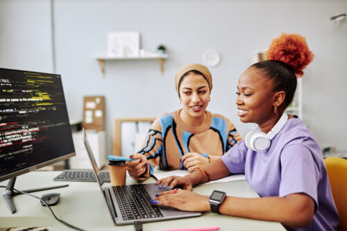 Side view portrait of two young women working on software development project together and smiling happily